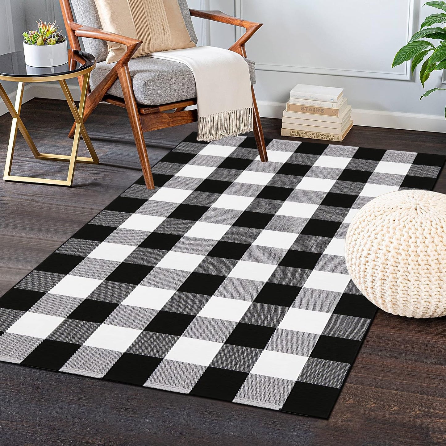 YINMEIJU Buffalo Plaid Rug 3'x5' Black and White Checkered Rug Front Door Mat Outdoor Cotton Washable Front Porch Rug Layered Doormats for Front Porch/Farmhouse/Entryway