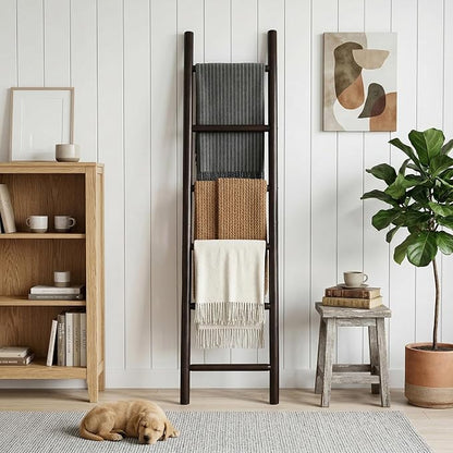 Wooden Blanket Ladder - 76in Natural Wood Color- Leaning Wall Decor for Bedroom, Bathroom, Living Room - Rustic Quilt Holder (Dark Walnut, 76in | Knock Down)