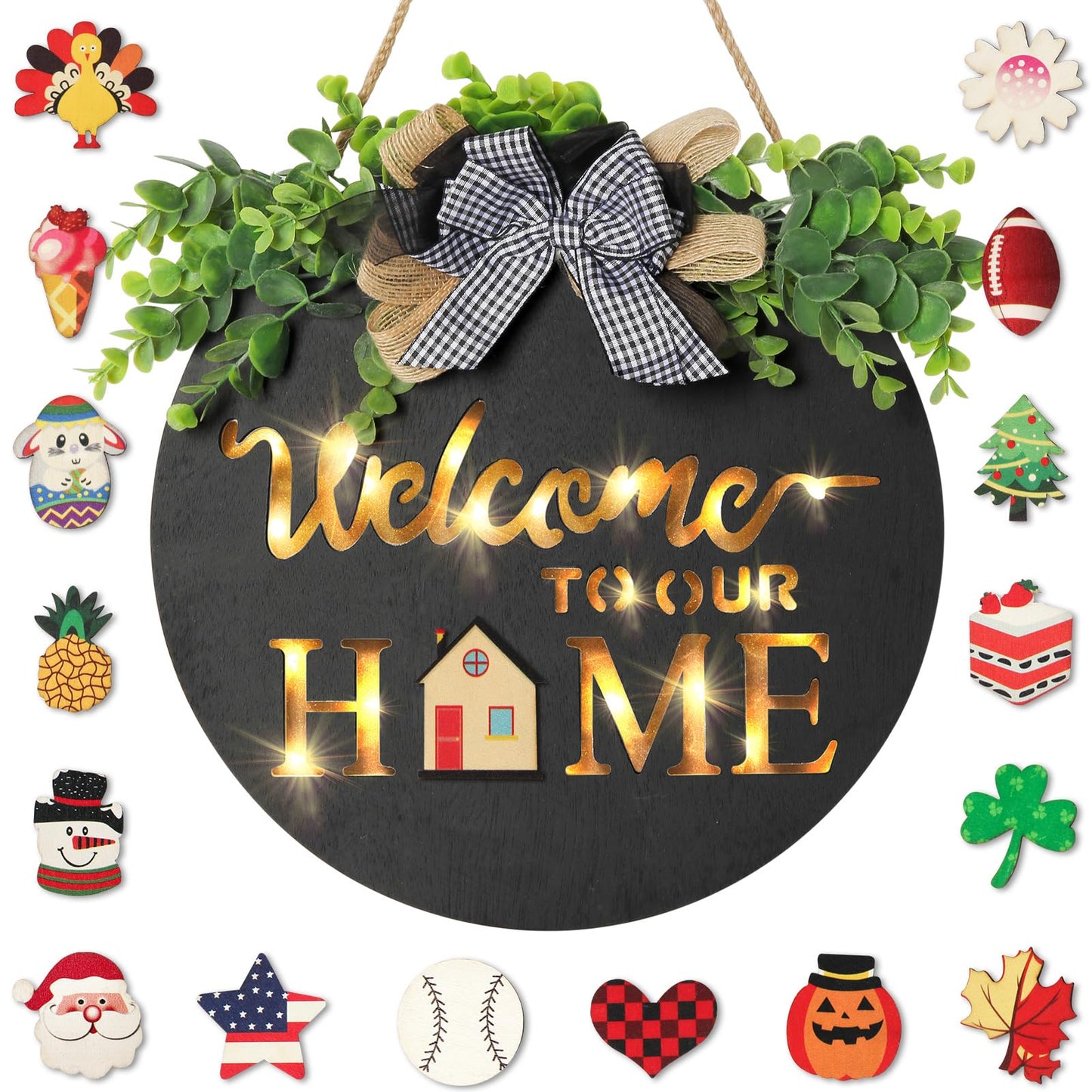 MIPON Interchangeable Welcome Sign for Front Door with LED Light, 17 Changeable Icons 3D Letters, Farmhouse Seasonal Porch Decor Hanging Sign for All Seasons Holiday Decor(Black)