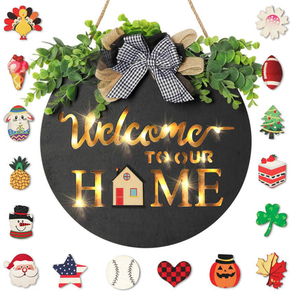 MIPON Interchangeable Welcome Sign for Front Door with LED Light, 17 Changeable Icons 3D Letters, Farmhouse Seasonal Porch Decor Hanging Sign for All Seasons Holiday Decor(Black)