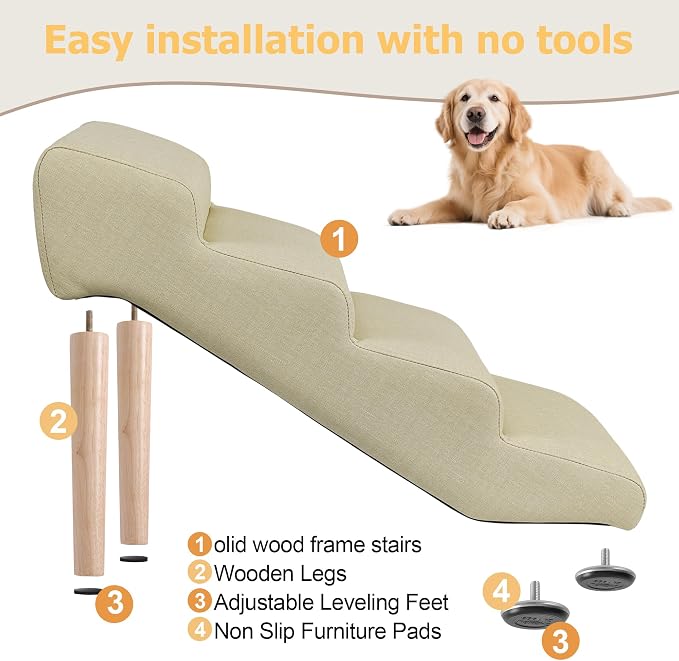 4-Step 18" H Dog Stairs for Bed Couch, Waterproof & Scratch PU Leather Pet Steps for Small Senior Dogs and Cats, Dog Ramp with 220 lbs Maximum, Oak Leg & Solid Wood, Non-Slip Feet, Cream