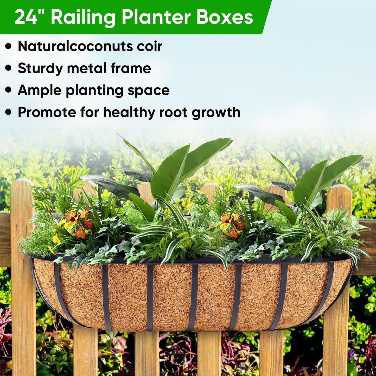 HKZ Deck Balcony Railing Planter Window Boxes - 4 Pack 24 Inch Planter Box, Balcony Planters Railing Hanging, Window Boxes Outdoor Fence Planters