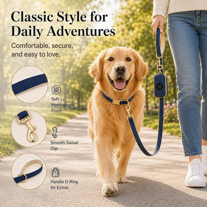 Herringbone Tweed Dog Collar and Leash Set for Large Dogs, Navy Blue | Snag-free, no-rub design. Soft breathable cotton, gentle on fur. Adjustable durable matching combo for walks & outdoors.