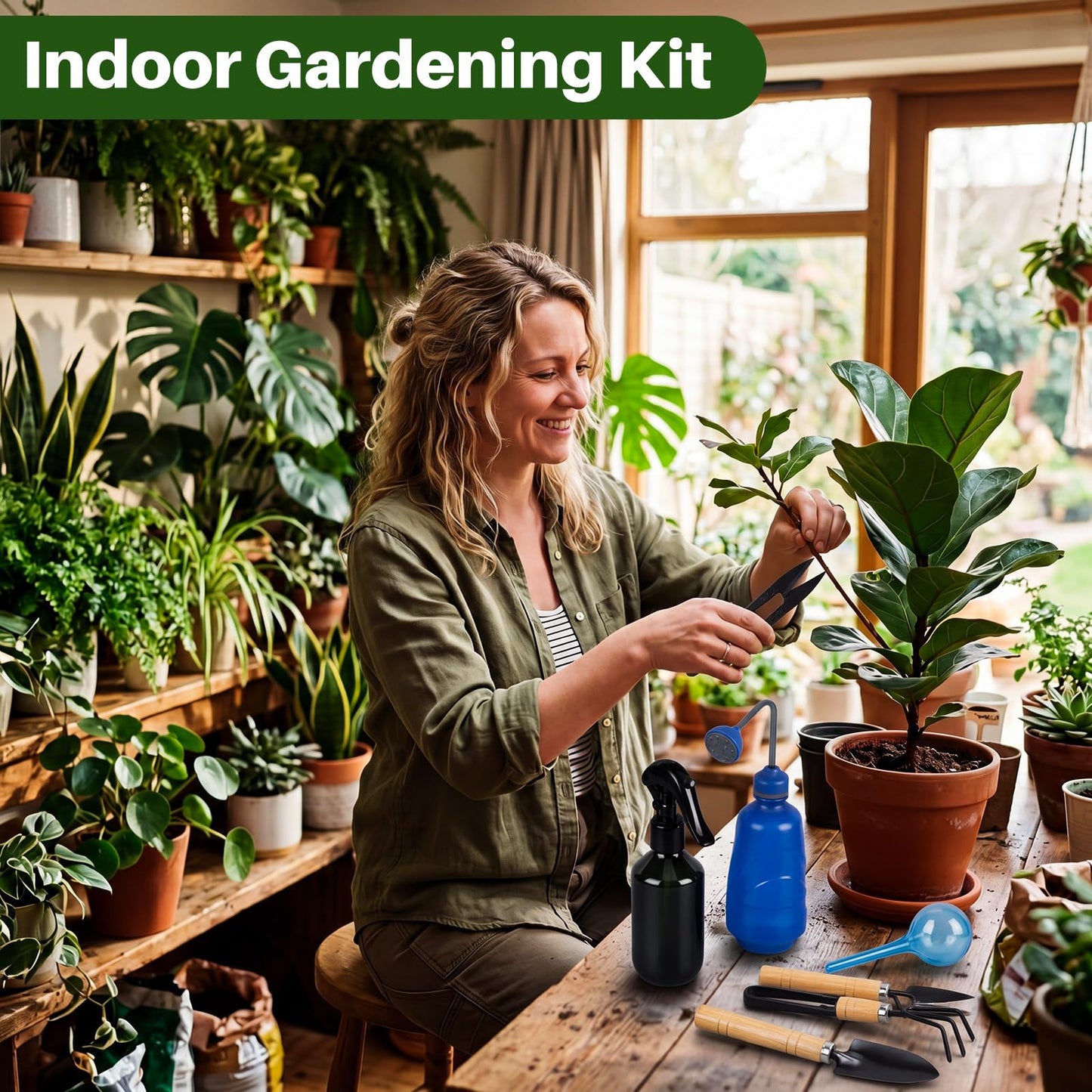 Ferrochef Indoor Plant Watering Can Set, 13 Pcs Garden Set with 47 oz Long Spout Can, Spray Mister, Squeeze Bottle, 6 Self Watering Globes, Gardening Tools & Pruning Scissors for Plants(Blue)