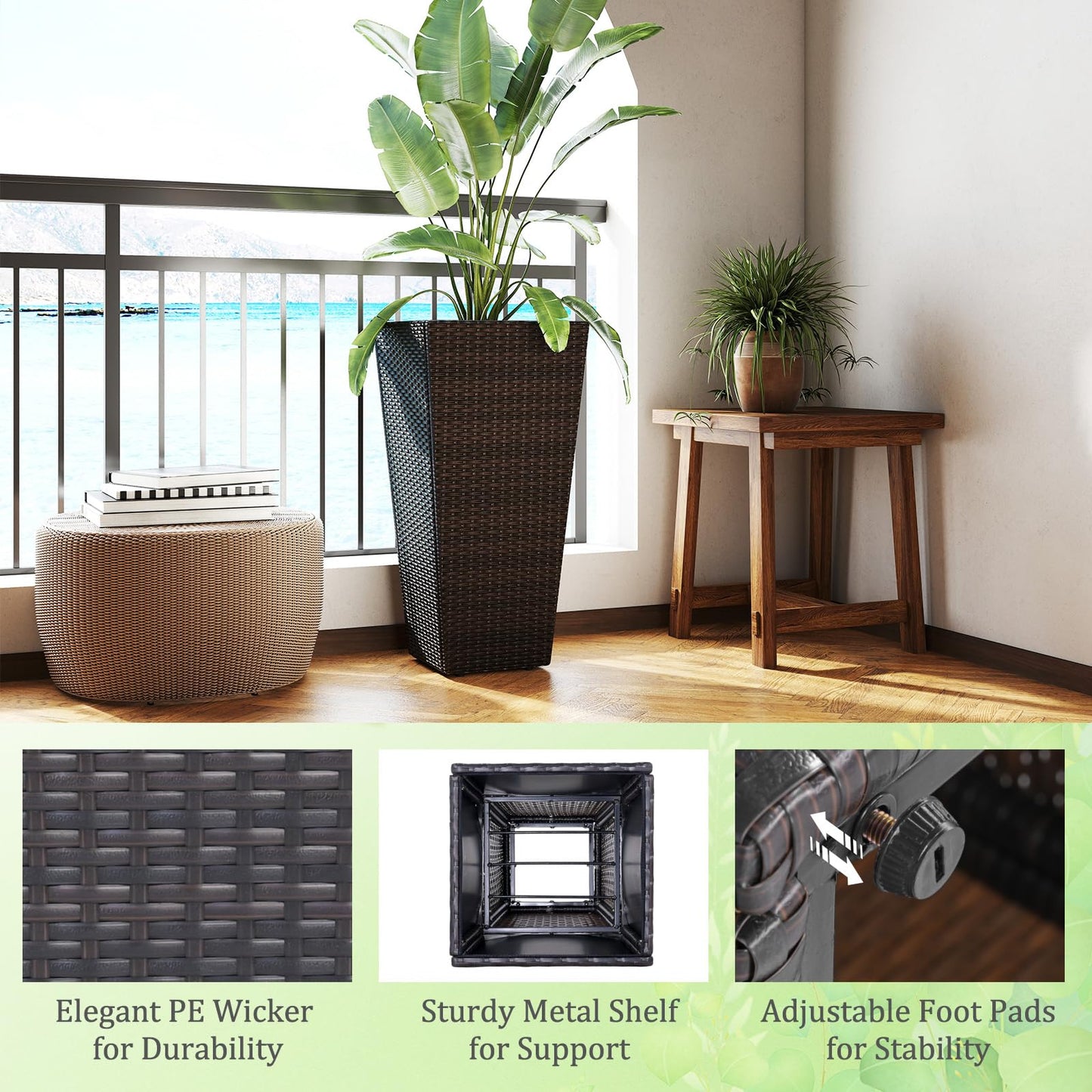 Giantex Set of 2 Outdoor Wicker Flower Pot, 30 Inch Tall Planters with Drainage System, PE Rattan Flower Pots, Indoor Outdoor Decoration for Front Porch Balcony Entryway, Dark Brown