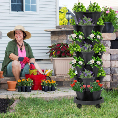 Umigy 2 Set of 7 Tier Vertical Planter Stackable Tower Planters Strawberry Herb Flower and Vegetable Pots Indoor Outdoor Gardening Pots with Removable Wheels and Tools(Black)