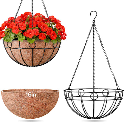 ZeeDix 16 Inch Large Hanging Baskets for Plants Outdoor, 2 Pack Round Metal Wire Planter Basket with Coco Coir Liner, Hanging Flower Pots for Garden Yard Patio Porch Balcony Decor