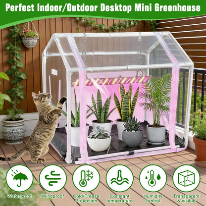 Mini Greenhouse with Grow Light for Indoor, PVC Planting Tent with Waterproof Mat & Zipper Door,15W Full-Spectrum LED Plant Grow Light and Timer for Seed Starter Tray for Indoor and Outdoor Plants