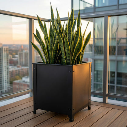SCENDOR Black Metal Garden Planter Box – 16.5" x 16.5" x 17.9" Heavy Duty with Drainage Holes for Outside Indoor Patio Deck Decorative Raised Plant Container for Flowers, Vegetables, and Succulents