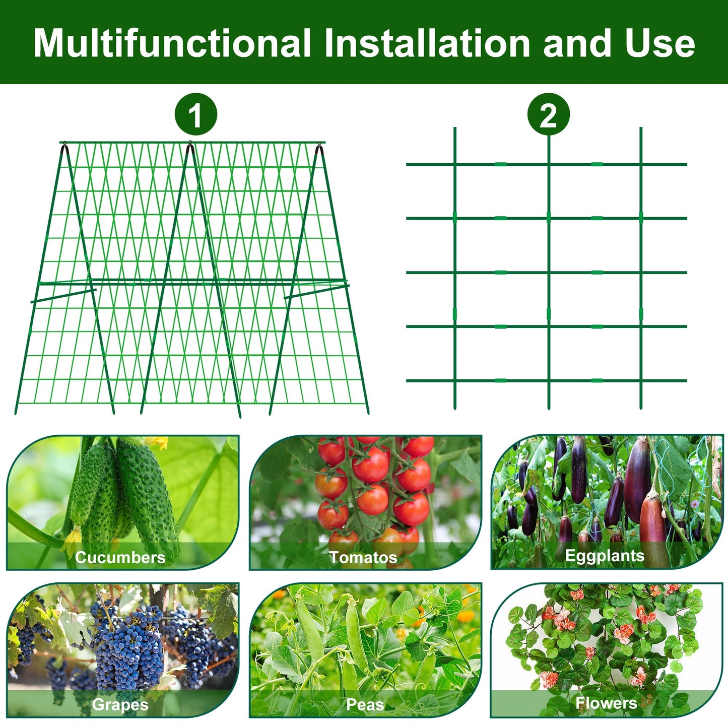 2 Packs 48" x 48" Foldable Cucumber Trellis for Raised Bed- A-Frame Garden Trellis for Climbing Plant Outdoor with Climbing Net & Plant Support Clip for Outdoor Plants Zucchini Vegetables Flowers