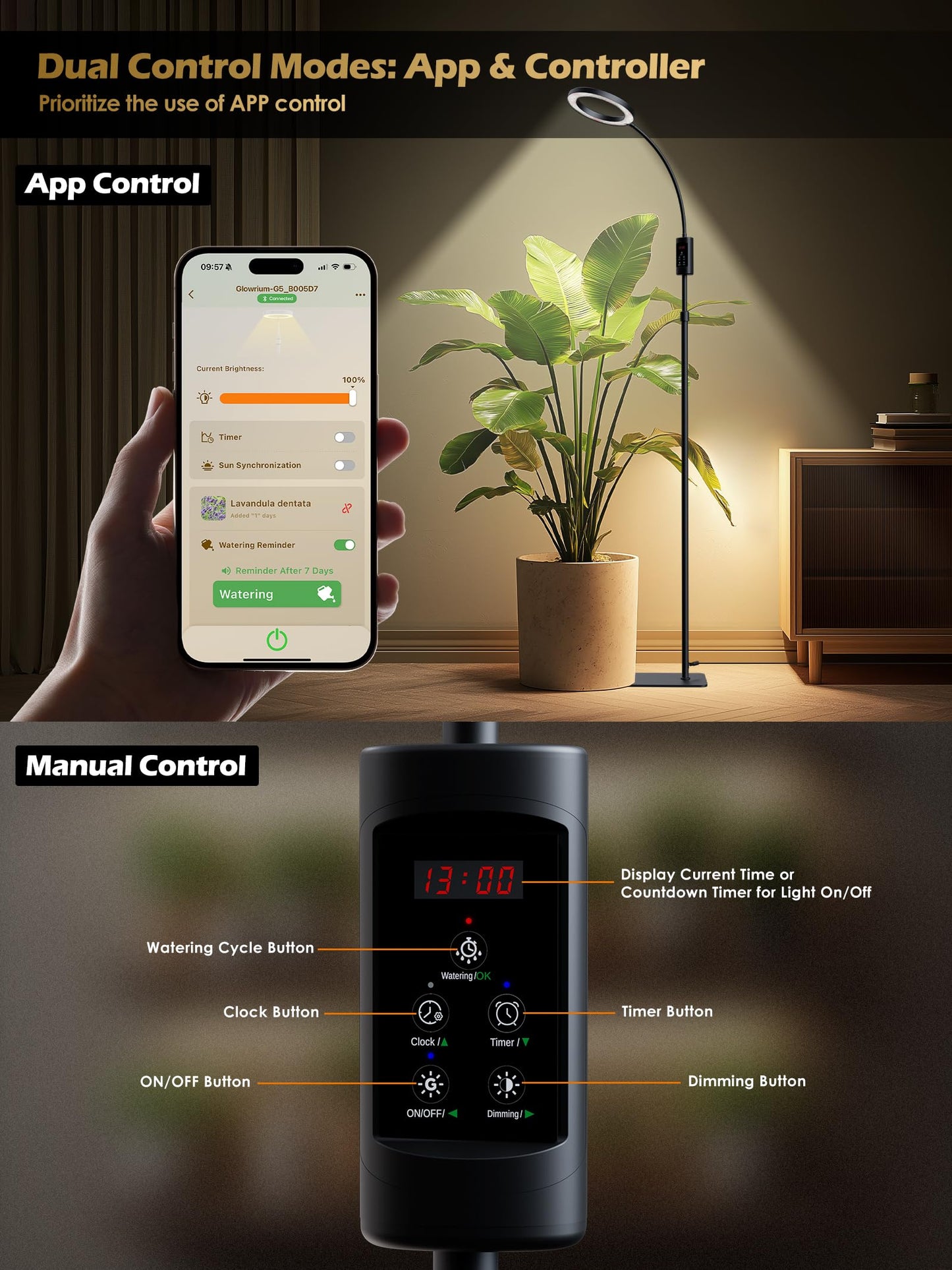 Smart Grow Lights for Indoor Plants, Plant Light with Auto-Timer, Full Spectrum LED Grow Light, Adjustable Height & Stepless Dimming,Plant Assistant Suitable for Most Plants (Black, Single Head)
