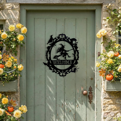 Gothic Witch Welcome Sign, Black Metal Wall Decor with Witch Design,15.63 x 12.6 inch, Indoor Outdoor Decorative Plaque