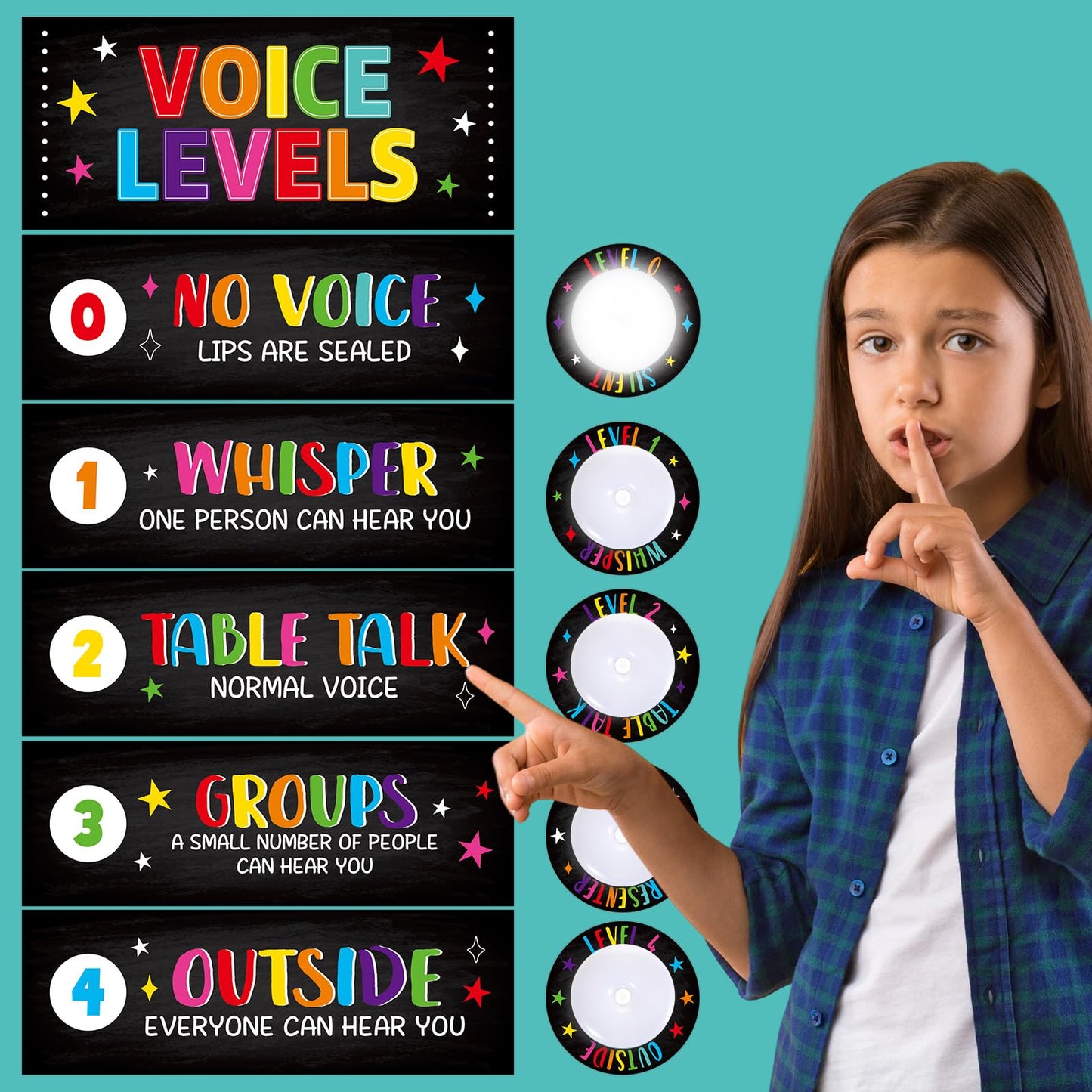 5 Pcs School Push Light and Voice Level Poster Voice Level Chart Monitor Rules Sign LED Tap Light Classroom Rules Poster Noise Chart Classroom Management Tools for Teachers（Colorful chalkboard Style）