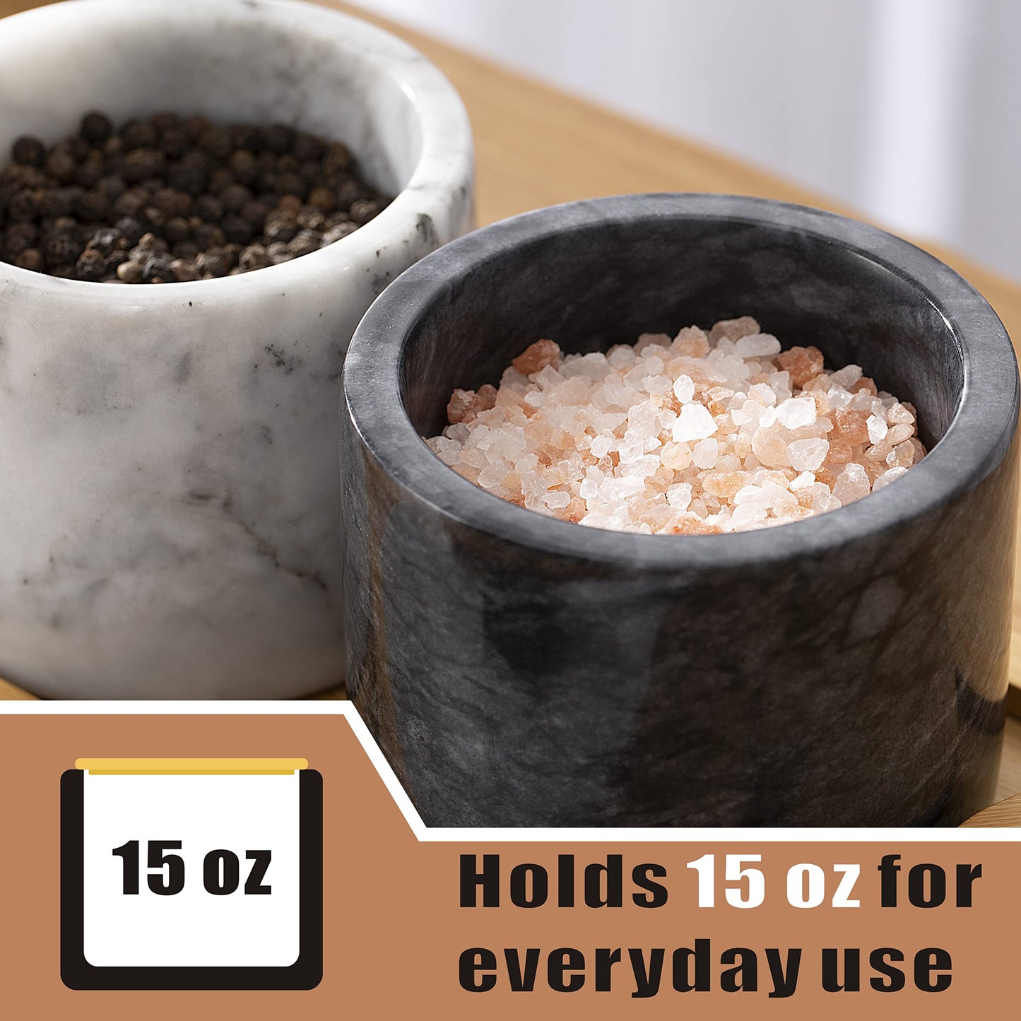 NHKRTE 15-Ounce Marble Salt Shaker Set with Lid and Spoon, Black and White