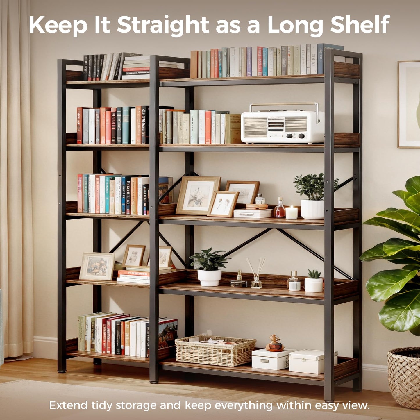 GTPLAYER 5-Tier Corner Bookshelf, L-Shaped Metal Frame Shelf with Tall 14" Shelves, Plant Stand and Storage Rack for Small Spaces, Living Room and Home Office, Rustic Brown