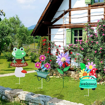 Welcome Decorative Garden Stakes, 4Pcs Flower Metal Yard Signs with Frog, Mushroom, Gnome, Butterfly and Ladybug, Garden Stakes for Spring Decor,Outdoor Lawn Yard Art Gift for Mom
