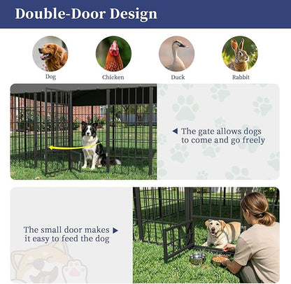 Gotland Dog Kennel Outdoor 10 x10 x6 FT, Dog Cage Outdoor for Medium/Large Dogs with Feeding Door Waterproof Roof Double Secure Locks Ground Spikes, All Weather Heavy Duty Dog Enclosure for Backyard