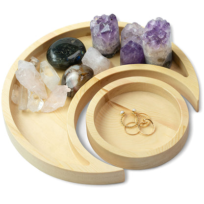 Natural Pine Wood Moon Crystal Display Tray with Dish - Wooden Altar Tray 9.6" x 4.2" for Crystals and Stones Storage - Solid Wood Jewelry Organizer - Bohemian Spiritual Decor