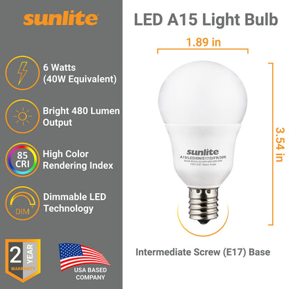 Sunlite A15 E17 LED Bulb, 6W (40W Equivalent), 480 Lumens, Dimmable, 6 Pack, Frosted Finish, 2700K Soft White