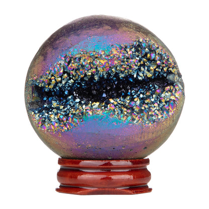 Nupuyai 51-60mm Rainbow Natural Titanium Coated Crystal Ball with Wood Stand, Opening Geode Cluster Stone Sphere Orb Specimen Energy Cave for Home Decoration Feng Shui Divination