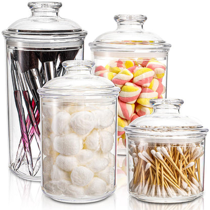 DEAYOU 4 Pack Clear Plastic Apothecary Jars, Plastic Storage Jar Canister with Airtight Lid, Cotton Ball Holder Bathroom, Candy Cookie Container Organizer for Bath Salt, Vanity, 33 Oz/23 Oz/13 Oz