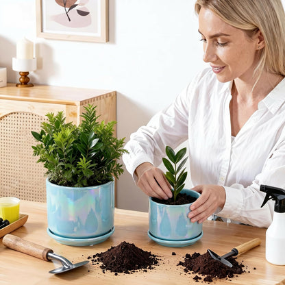 EFISPSS Ceramic Planter 4+5+6 Inch Ceramic Flower pots for Indoor Plants with Drainage,for Succulent Cactus,Garden Planters,Modern Decorative for Home Blue Pearl Glaze Plant Pots
