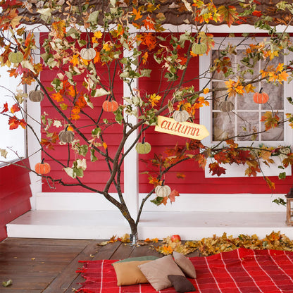 AnyDesign 16Pcs Fall Thanksgiving Pumpkin Hanging Ornament Green Flaxen Orange Brown Burlap Pumpkin Hanging Decors for Autumn Harvest Halloween Christmas Party Tree Mantel Wall Home Decoration
