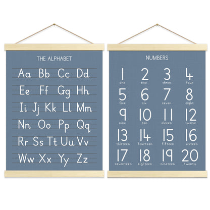 Numbers Alphabet Poster for Toddlers,Educational Wall Chart for Nursery Kids Learning, Homeschool & Playroom Decor and Bedroom for Wooden Hanger Frame Set of 2, 12x18 Inch - A03