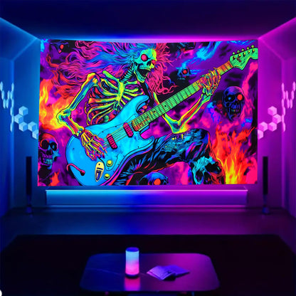 BSFHH Black Light Tapestry – UV Reactive Glow in the Dark Wall Hanging, Spooky Night Scene with Ghosts & Pumpkins, Haunting Home Decor for Parties, Bedroom, or Dorm (Guitar, 79L x 59W, Unframed)