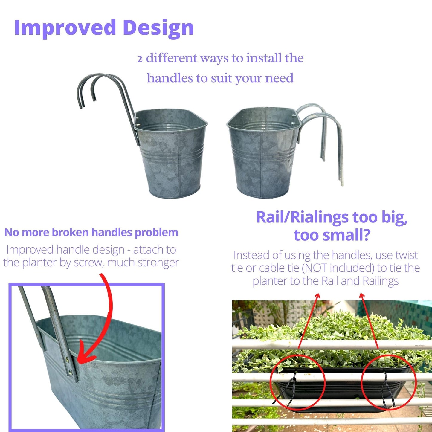 LaLaGreen Bundle- 2 Pack, 11.2 Inch + 2 Pack, 15 Inch Siver Metal Pot Hanging Window Flower Herb Boxes with Hook Modern Countryside Outdoor Bucket Garden Decor Rail Fence Home Porch Balcony Boho Style