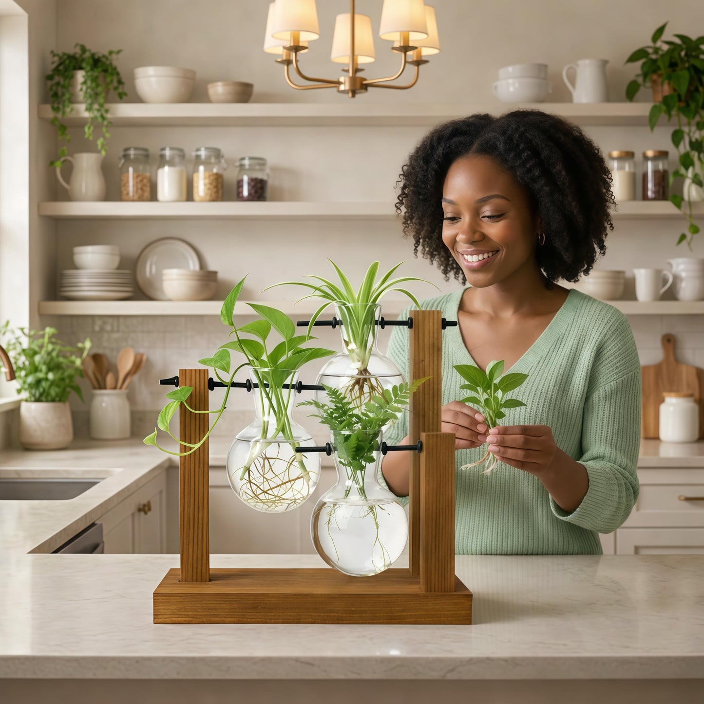 Plant Propagation Station with Glass Propagation Vases, Plant Propagation Jars in Wooden Stand, Hydroponic Vase for Plant Cuttings, Decorative Propagation Station for Home Desk Office