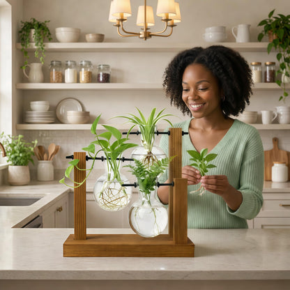 Plant Propagation Station with Glass Propagation Vases, Plant Propagation Jars in Wooden Stand, Hydroponic Vase for Plant Cuttings, Decorative Propagation Station for Home Desk Office