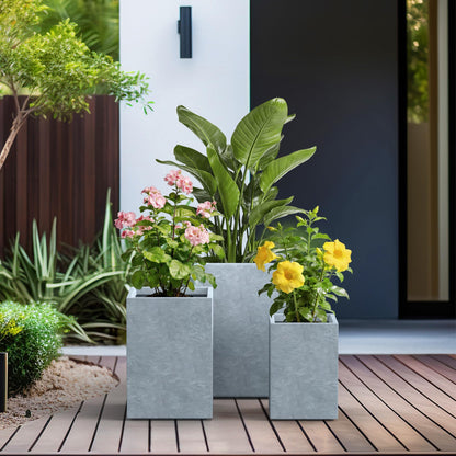 Kante 18.5",15.7",12.6" H Tall Rectangular Concrete Planters Set of 3, Outdoor Indoor Lightweight Plant Pots with Drainage Hole and Rubber Plug, Modern Style for Home Garden Patio, Slate Gray