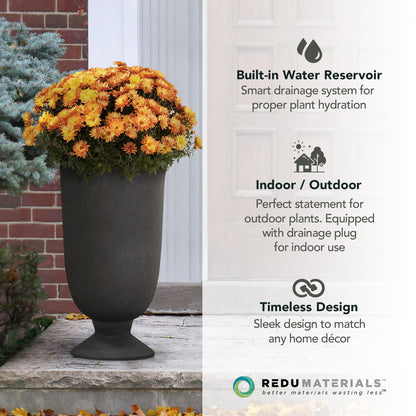 Tierra Verde Indoor & Outdoor Self-Watering Urn Planter, Cadence, 14" x 23", Black - Planting Containers for Plants and Flowers - Gardening and Landscaping Accessories