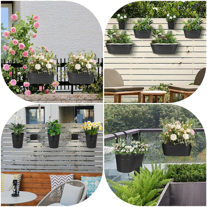 3 Different Size Metal Iron Hanging Flower Pots 10 Pcs for Outdoor Plants Metal Hanging Bucket Pots Iron Railing Fence Planter with Drainage Holes and Hooks for Porch Railing Balcony Fence (Black)