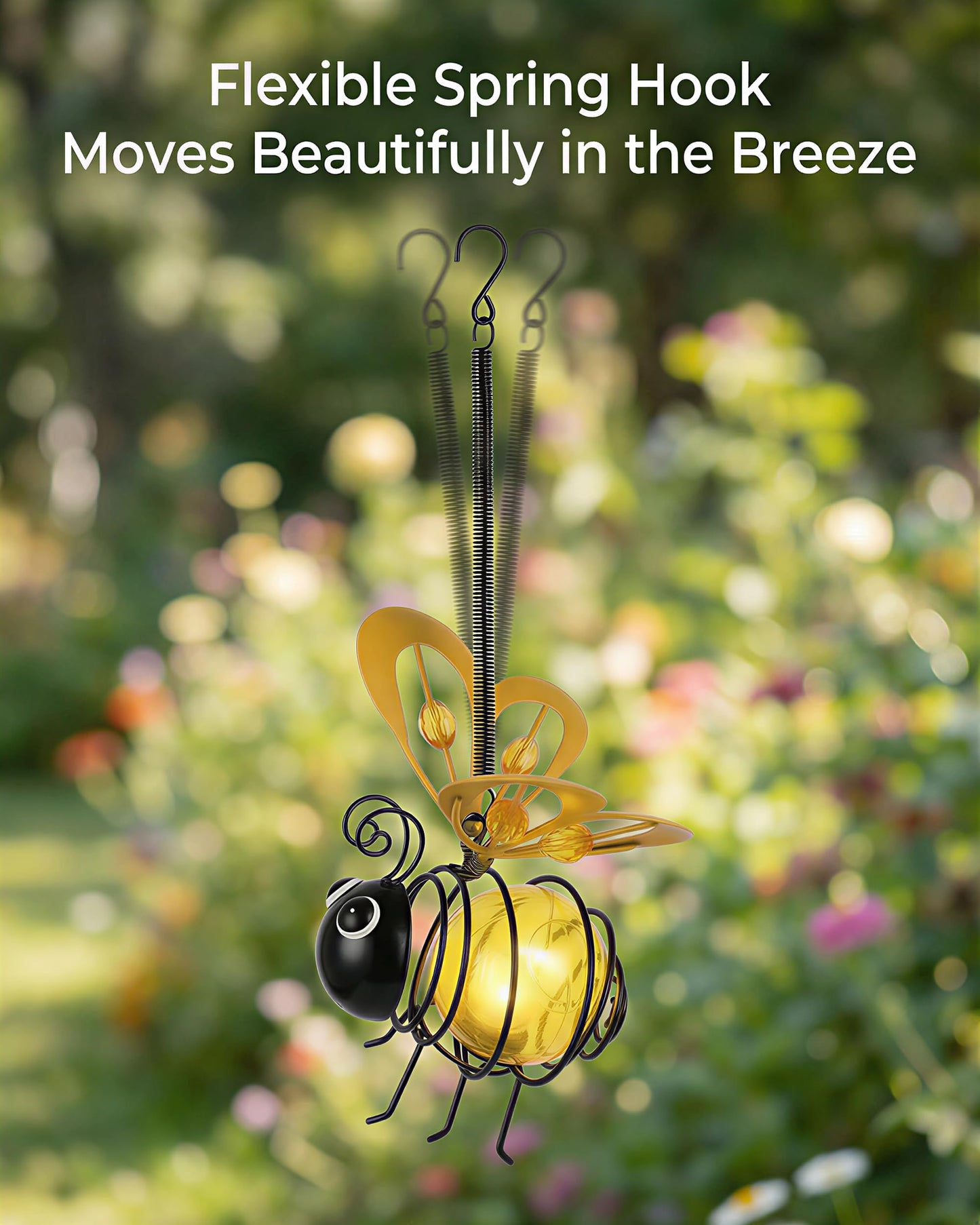 Solar Hanging Bee Light - Outdoor Metal Garden Decor with LED Glow, Yellow Body - Waterproof Solar Powered Insect Ornament for Yard, Tree, Porch, Patio - Gift for Women, Mom, Bee Lovers (1 Pack)