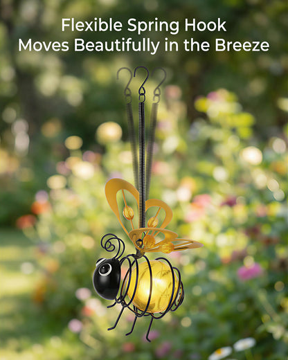 Solar Hanging Bee Light - Outdoor Metal Garden Decor with LED Glow, Yellow Body - Waterproof Solar Powered Insect Ornament for Yard, Tree, Porch, Patio - Gift for Women, Mom, Bee Lovers (1 Pack)