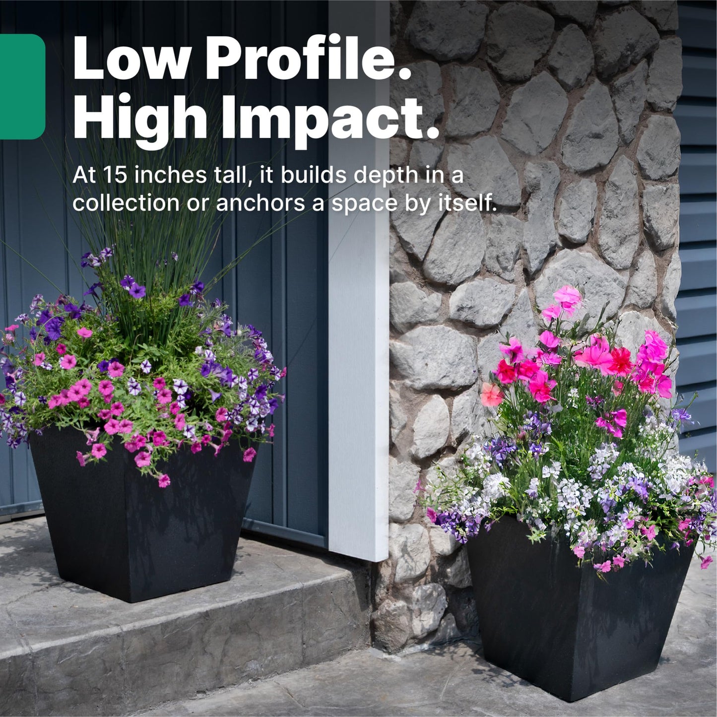 Step2 Tremont Short Square Planter 2 Pack, 14" Tall, Indoor/Outdoor Plants, Efficient Drainage, Durable Resin, Onyx Black