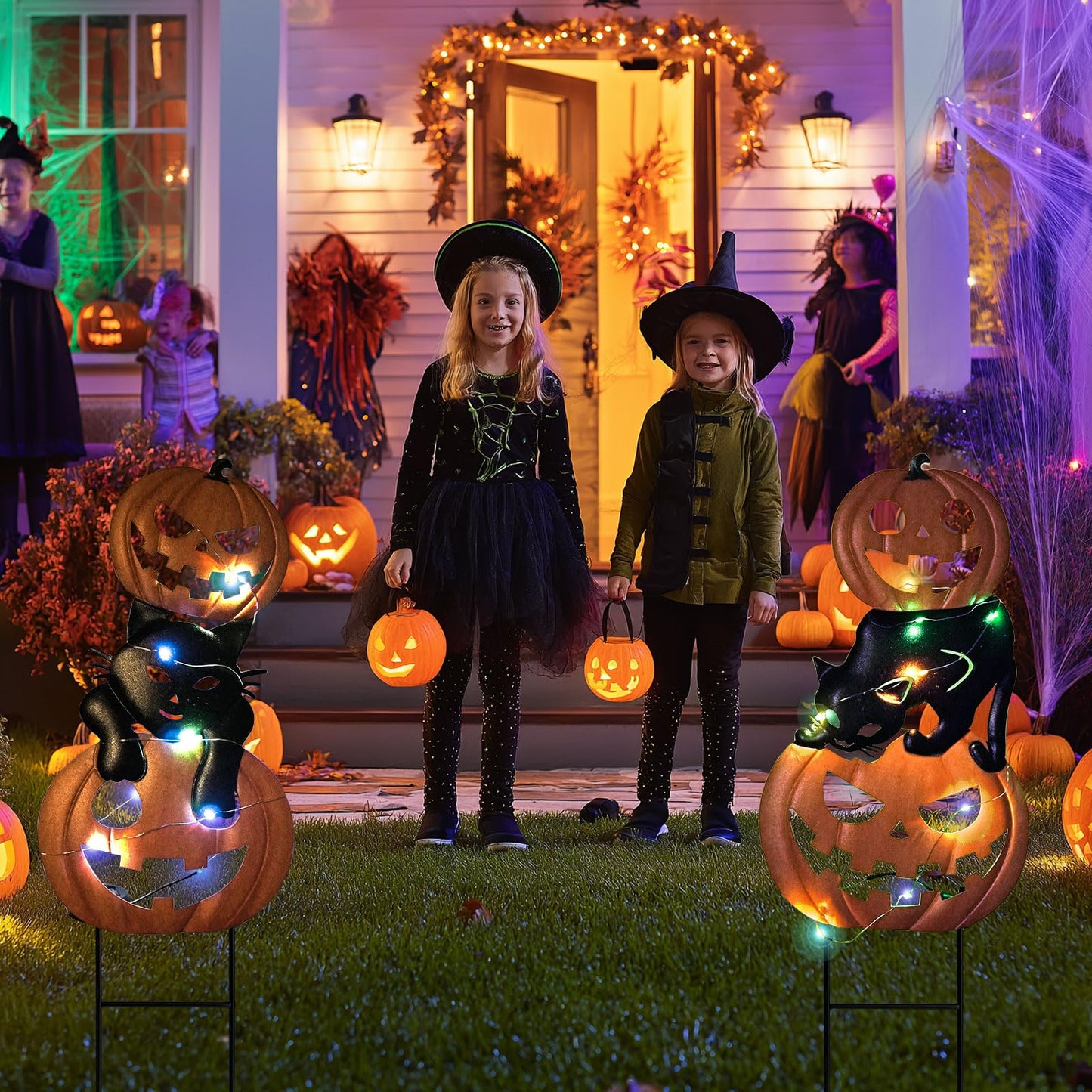 HONGLAND Halloween Decorations Solar Lights, 2 Pack Outdoor Waterproof Metal Pumpkin Stake with Black Cat Jack-o-Lantern for Yard, Garden, Pathway