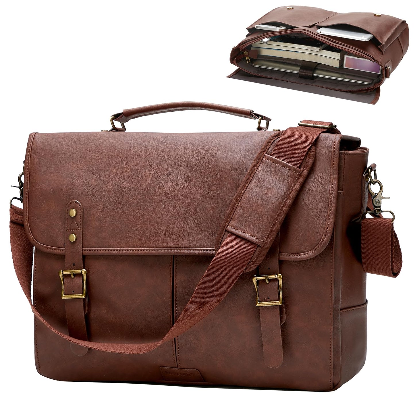 Leather Messenger Bag for Men, 15.6in Laptop Briefcase Vintage Waterproof Laptop Bag Shoulder Bags Satchel Office Bag(Dark Brown)