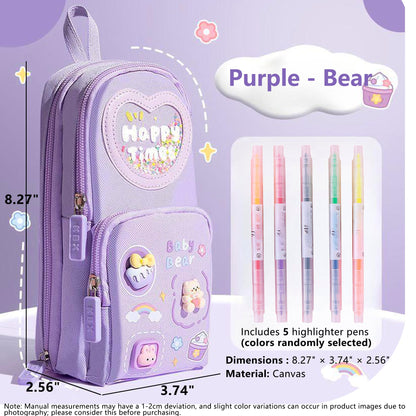 UINSUE Mini Backpack Pencil Case Art Marker Storage Canvas Makeup Pocket Small Gadget Bag Organizer Random Free of Highlighters (Bear Purple)