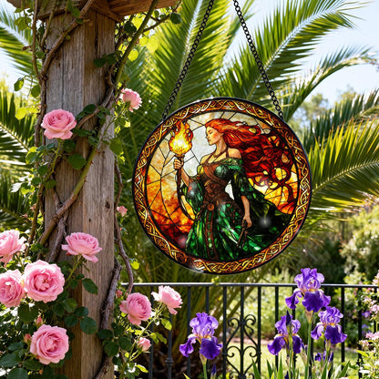 Greatingreat Stained Glass Window Hanging Brigid Goddess, Home Room Decor 7.8 Inch Sun Catchers Indoor Window, Whimsical Decor for Christmas Birthday Gifts for Women