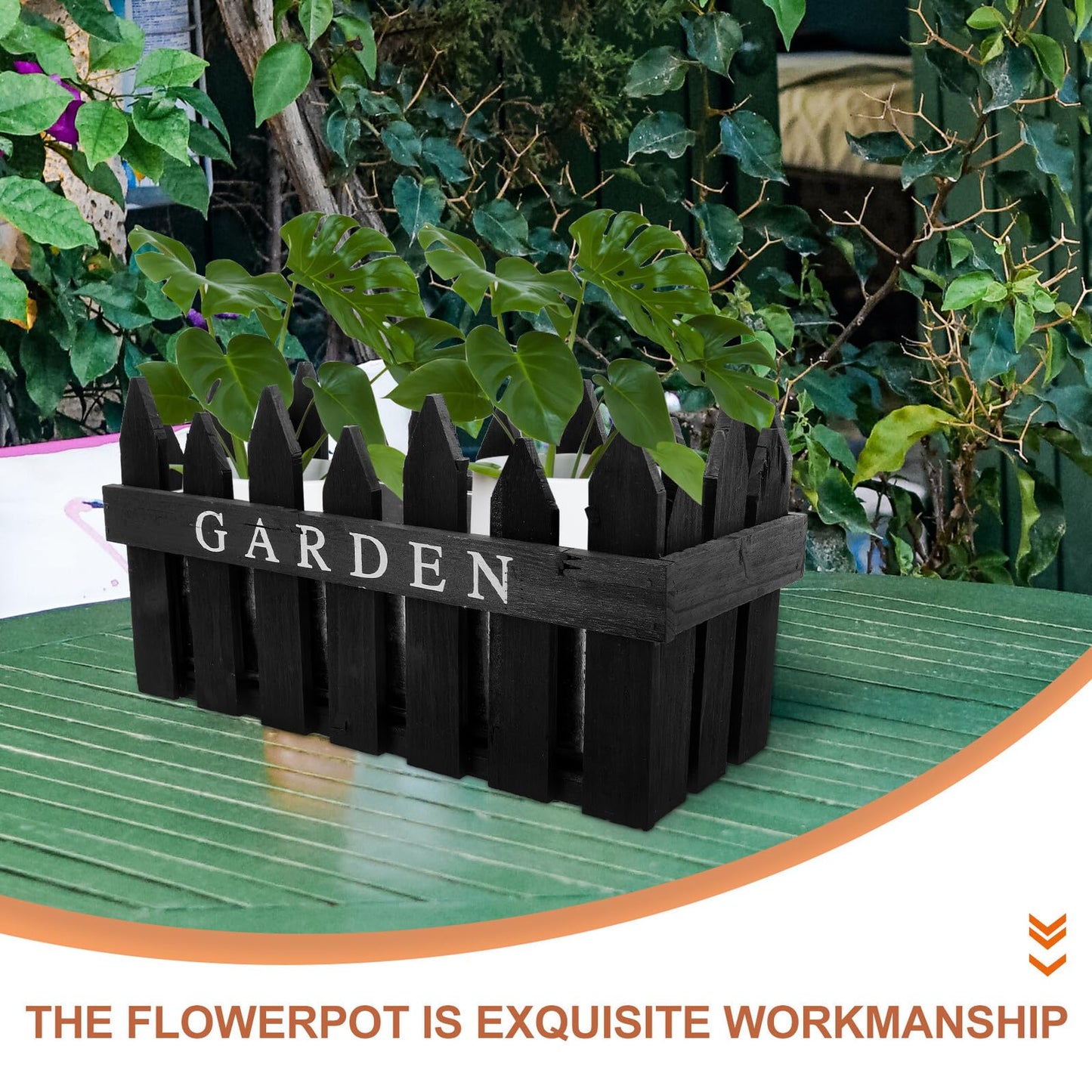 Toyvian Rectangular Wooden Fence Plant Pot for Balcony and Patio, Black Wood Planter Box with Fence Design, Outdoor Garden Flower Container for Plant Arrangement and Home Decor