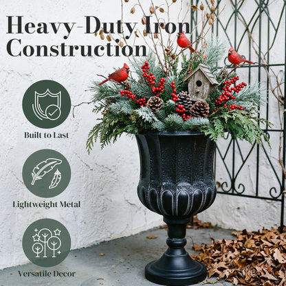 Worth Garden 25" H. Metal Urn Planters 2-Pack - Black Traditional Classic Iron Plant Pots - Large Decorative Rustic Flower Container for Patio, Front Porch, Outdoor Use