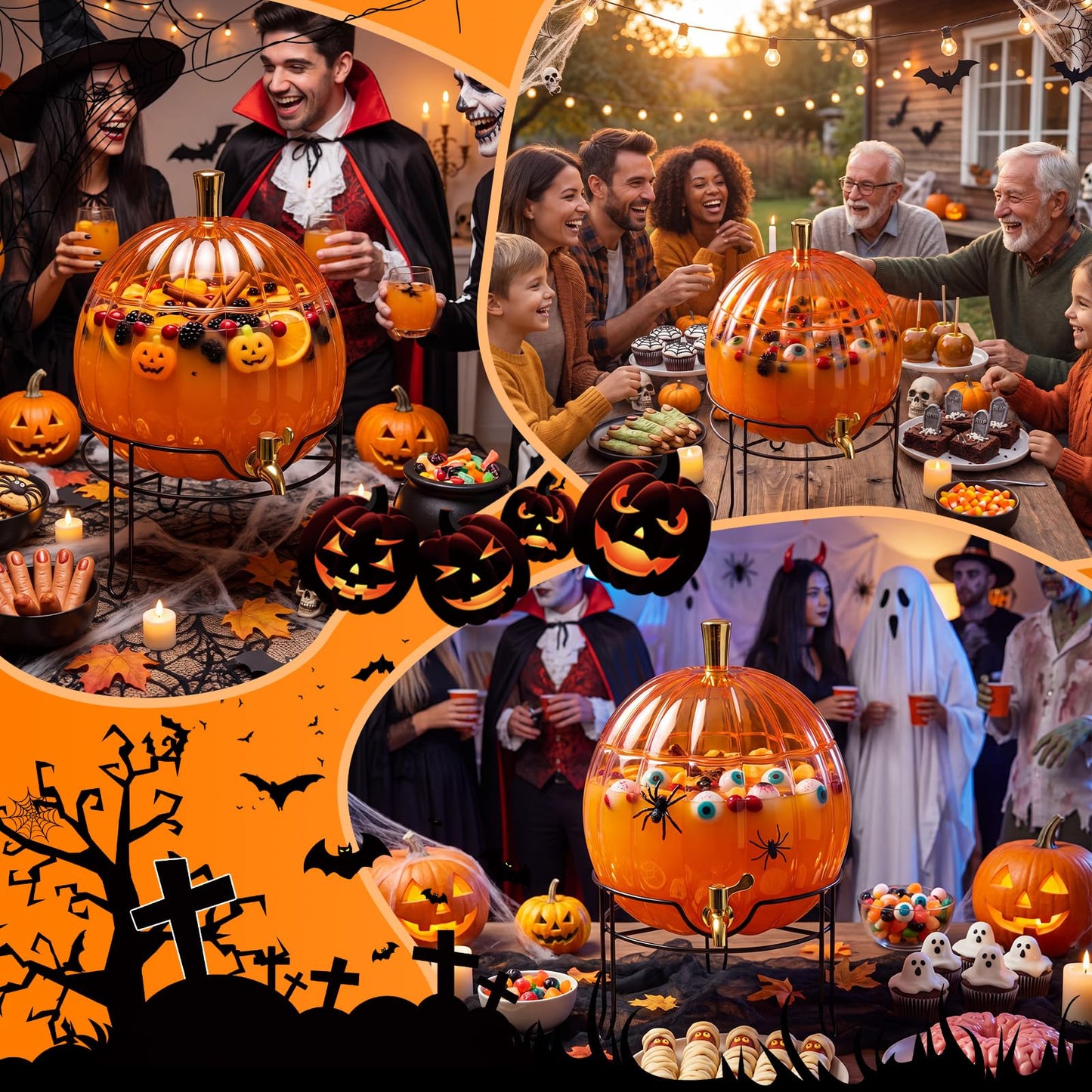 Romooa 1.3 Gallon Halloween Plastic Drink Dispenser with Metal Stand Spigot Pumpkin Shaped Drink Dispenser Beverage Flask with Spigot for Fall Harvest Summer Halloween Autumn Party Supplies(Orange)