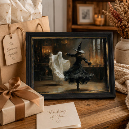 Vbaourut Framed Halloween Wall Art, Dancing Witch and Ghost Canvas Painting, Vintage Gothic Poster with Dark Brown Frame and Upgraded Hook and Loop for Bedroom, 9x11 in