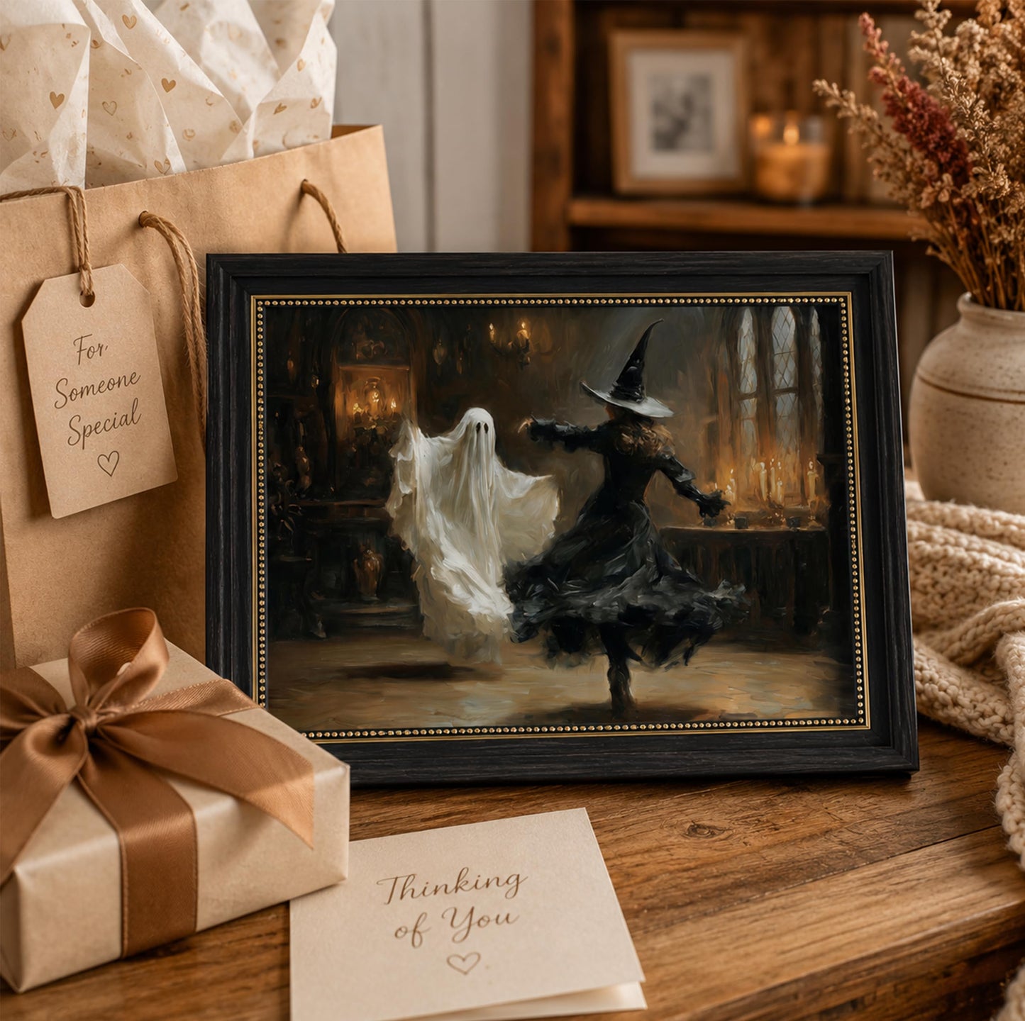 Vbaourut Framed Halloween Wall Art, Dancing Witch and Ghost Canvas Painting, Vintage Gothic Poster with Dark Brown Frame and Upgraded Hook and Loop for Living Room, 12x16 in