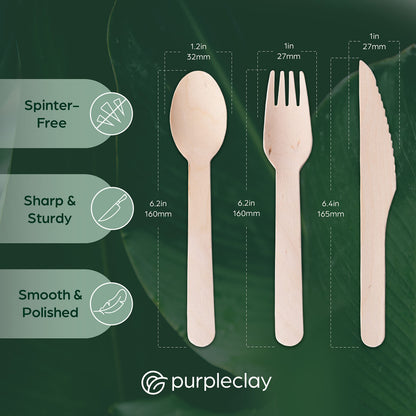 PURPLECLAY Wooden Disposable Utensils Set, 300 Pieces | Wrapped Utensils and Napkins, 100 Sets | Compostable Silverware for Parties | Eco Friendly, Plastic-Free Alternative to Bamboo Cutlery