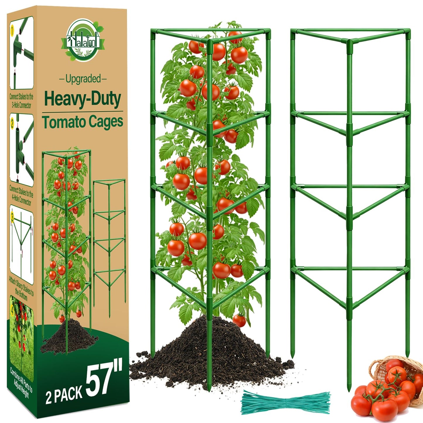 Halatool 57 Inch Tall Tomato Cages, 2 Pack Heavy Duty Metal Plant Supports Stakes for Garden, Adjustable Foldable Steel Trellis for Climbing Plants Cucumbers Peppers Cherry Flowers Vegetables Fruits