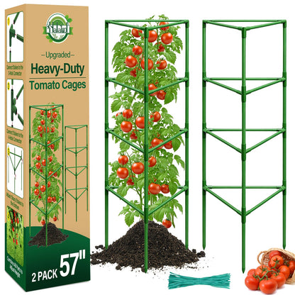 Halatool 57 Inch Tall Tomato Cages, 2 Pack Heavy Duty Metal Plant Supports Stakes for Garden, Adjustable Foldable Steel Trellis for Climbing Plants Cucumbers Peppers Cherry Flowers Vegetables Fruits